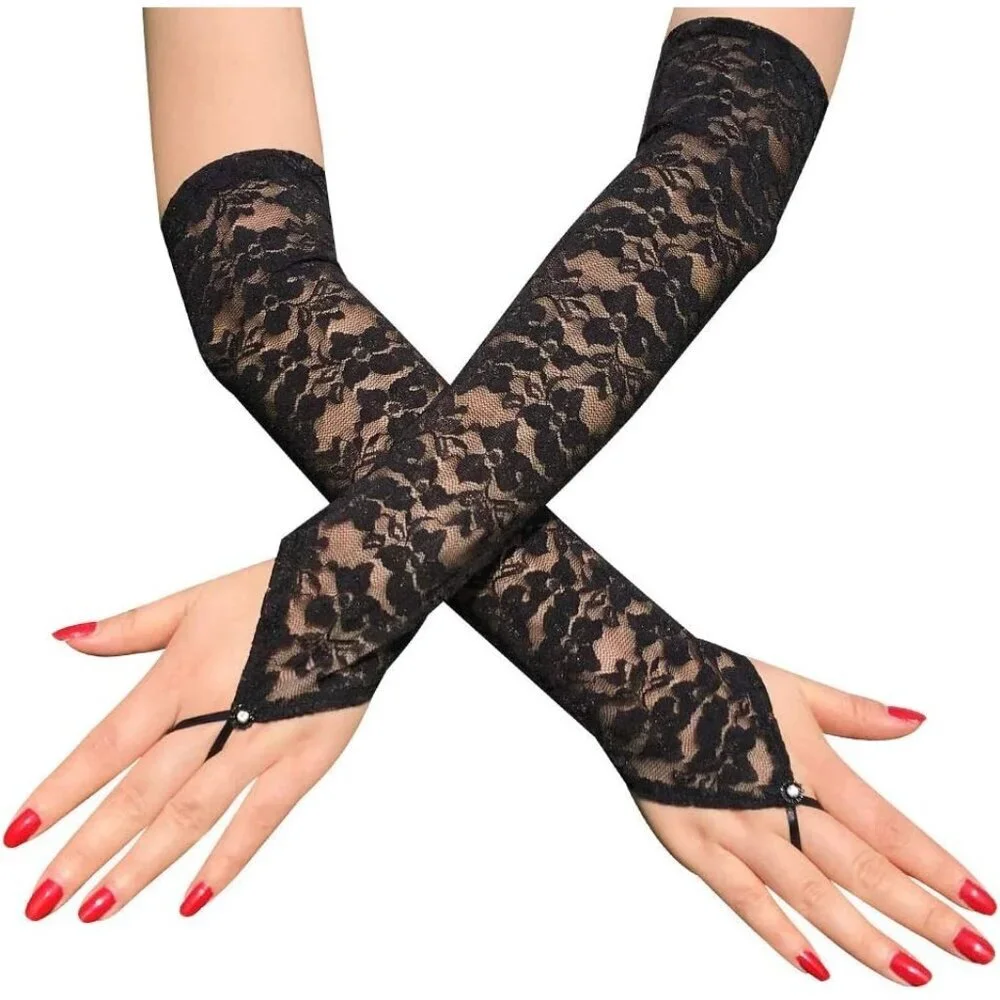 Women's Black 15.8 Inch Elbow Length Finger Less Halloween Cosplay Gloves